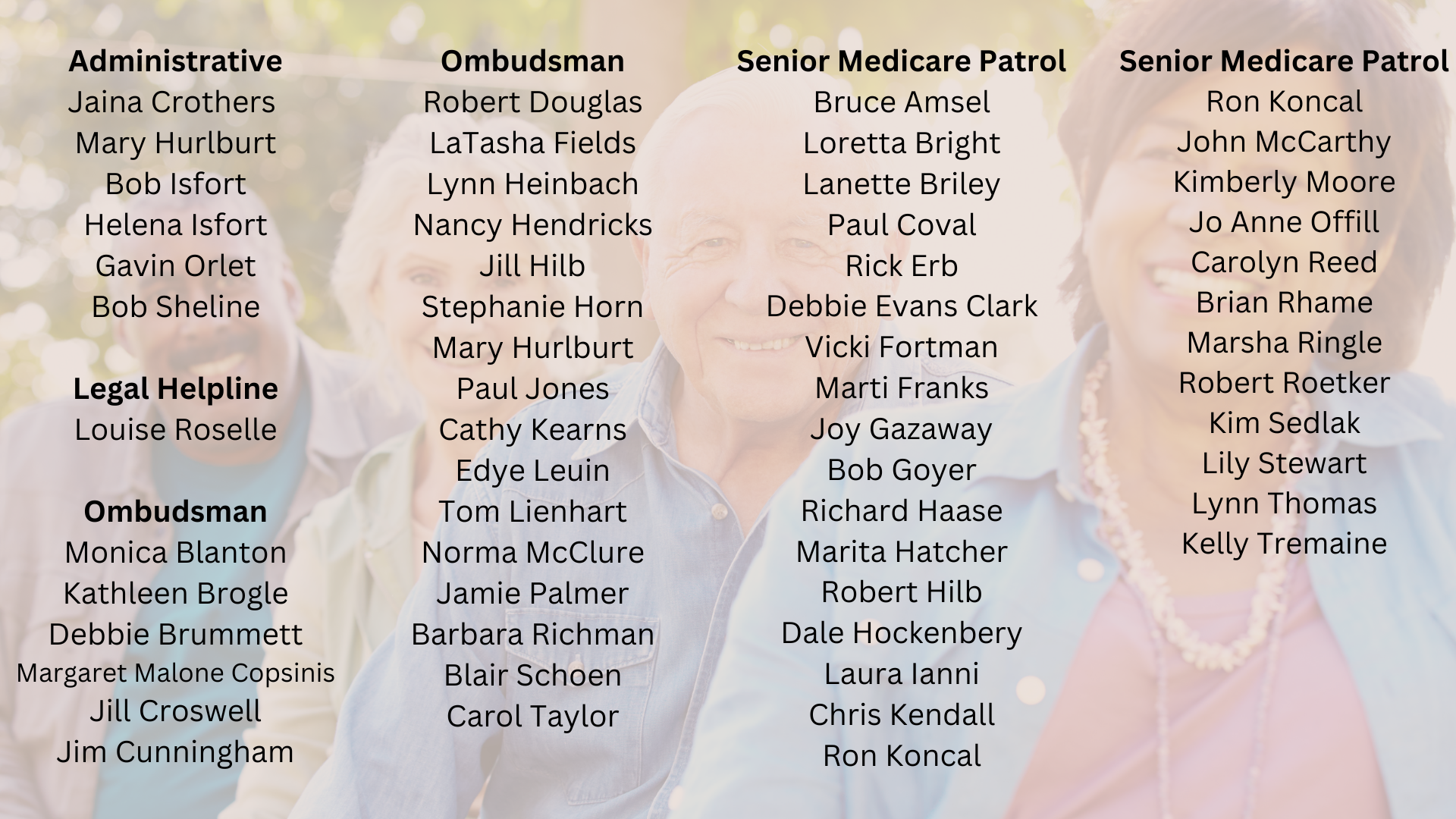 list of volunteers on translucent page over photo of four seniors
