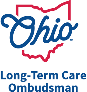 logo of the long-term care ombudsman with the word Ohio across an outline of the shape of the state of Ohio.